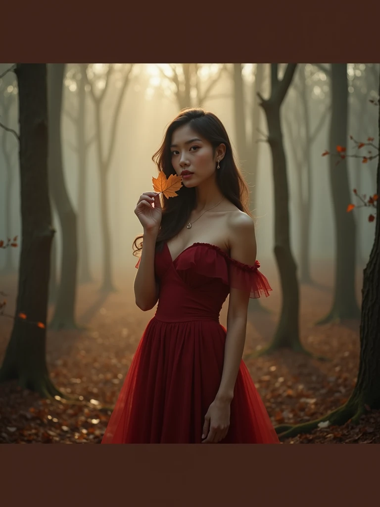 generate a master photograph describing a shapely Woman, in the heart of a dense forest during early autumn, (8K, best quality), she has a physique like Zendaya, smile, brown hair, black hair, asian skin (big chest, small tiny waist, big breasts), stunning young woman stands in a misty autumn forest during early morning. The dense fog weaves between the tall trees, creating an ethereal and mysterious atmosphere. She is wearing a deep red, off-the-shoulder gown that contrasts beautifully with the surrounding nature. Her hair is styled in loose waves that frame her face, and she holds a single, delicate autumn leaf close to her lips as she gazes thoughtfully into the distance. The soft morning light adds a gentle glow to her skin, enhancing the serene and captivating mood of the scene, (She has sexy buttocks, Most sexy booty, Most sexy glutes), Womanly, Womancore, (She has fit hips, sexy hips, sexy fit hips, extremely sexy hips), (asian skin, glistening skin, beautiful complexion), shot on Fujifilm superia, (Studio soft light, high detail, cinematic lighting, rim lighting), Style: (hyperrealistic, by DynastySeries FashionNova, photo, {{{masterpiece photography}}}, analog photograph, professional fashion photoshoot, trending on artstation, synthwave, krrrsty), Quality: (photographed, masterpiece, highest resolution), Definition: (highres, sharp focus, 8k uhd, ultra photo-realistic resolution), Film: (80 mm, shot on portra 120, shot on Fujifilm), Resolution: (extremely detailed, (sharp focus:1.5), cinematic lighting, dramatic lighting, ultra photo-realistic), luxury: