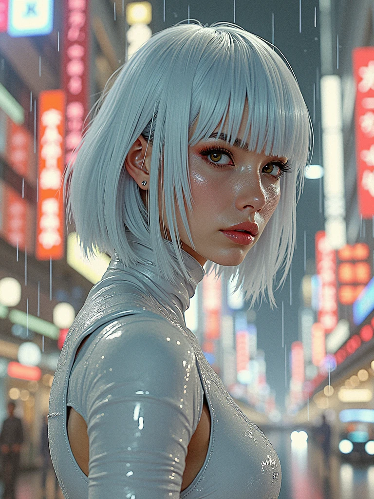 Cinema Lighting, reflected light, tachi-e, Cowboy Shot, 超High resolution, ((masterpiece)), ((Highest quality)), High resolution, (Textured skin), 8k, Near future city, Neon Signs, Cyberpunk City, return, profile, beautiful woman looking return, Bodysuits, Silver Hair, Medium Hair, City of night, rain, View your viewers