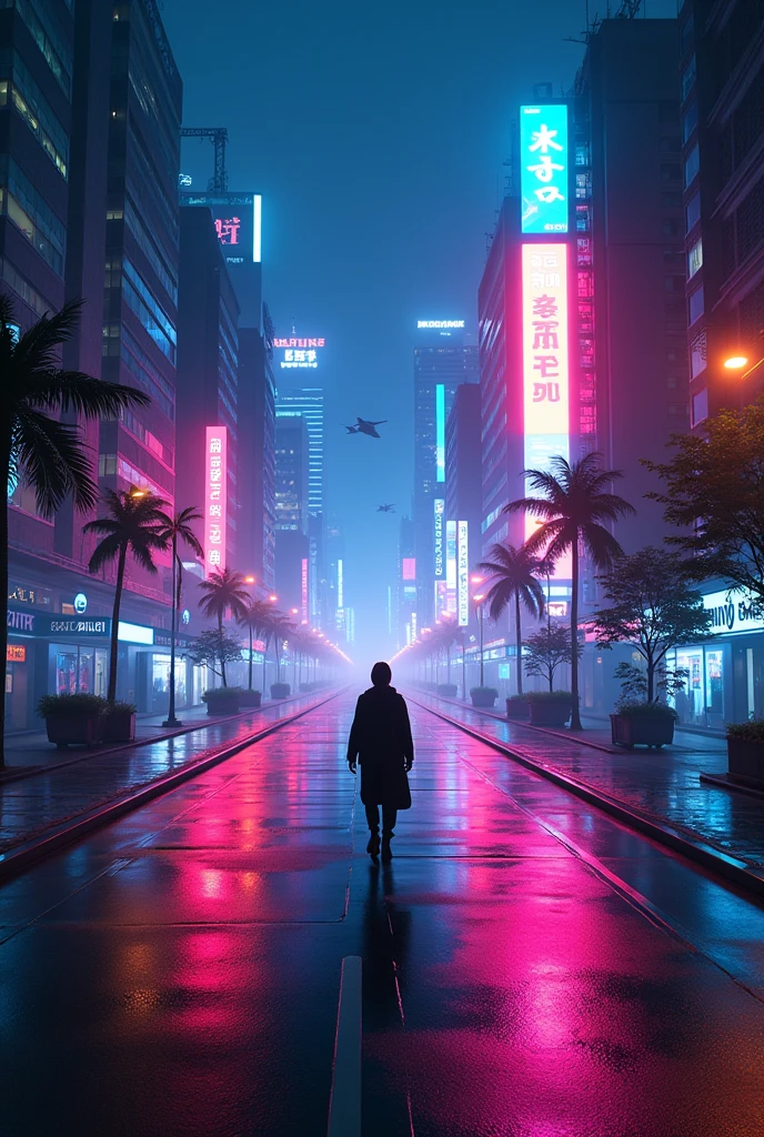 Cyberpunk Road. nighttime. Rabi. Neon lights