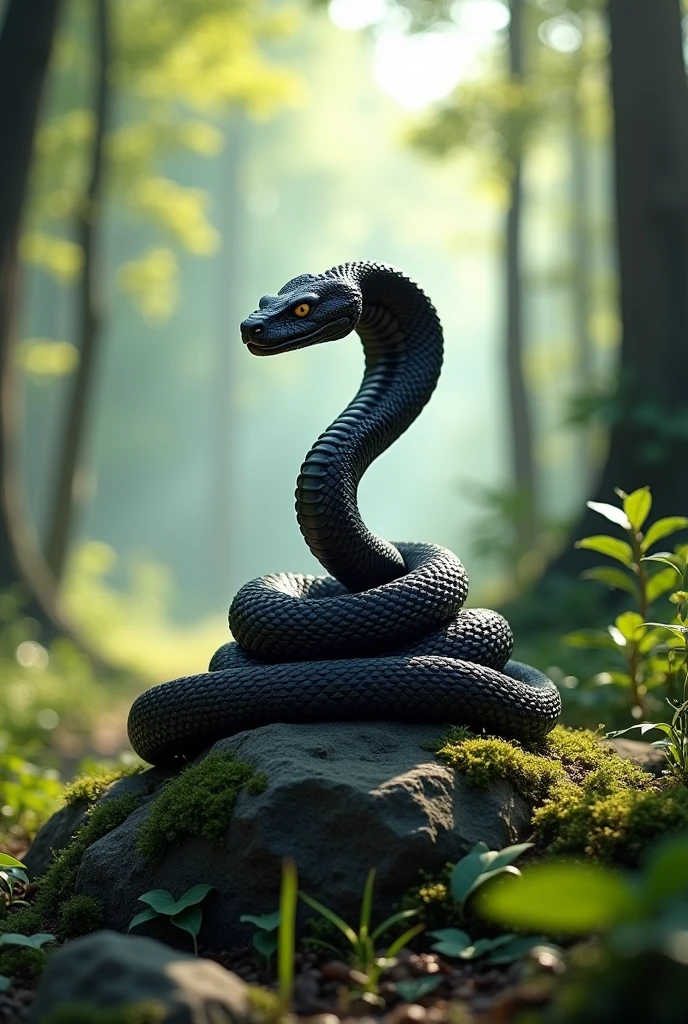 {
  "size": "1080x1920",
  "prompt": "A majestic black snake coiled confidently on a rock in a vibrant forest. The snake's scales glisten under the dappled sunlight, showcasing its strength and elegance. Its body is muscular and sleek, with a poised head raised high as it surveys its surroundings. The background features lush greenery, tall trees, and soft light filtering through the leaves, highlighting the snake's regal and powerful presence in the w
