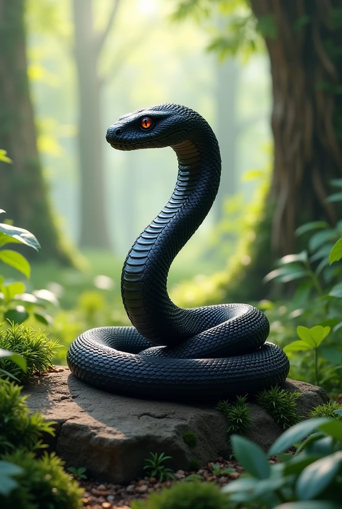 {
"size": "1080x1920",
"prompt": "A majestic black snake coiled confidently on a rock in a vibrant forest. The snake's scales glisten under the dappled sunlight, showcasing its strength and elegance. Its body is muscular and sleek, with a poised head raised high as it surveys its surroundings. The background features lush greenery, tall trees, and soft light filtering through the leaves, highlighting the snake's regal and powerful presence in the w