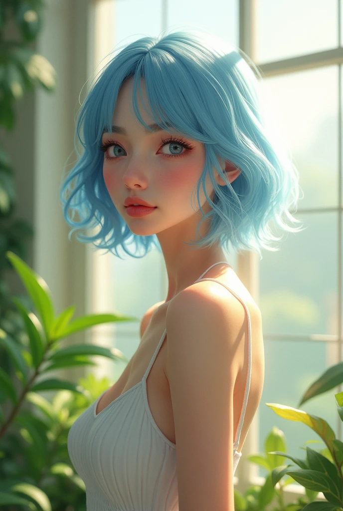Jenny Realight. With light blue hair. Smooth glossy soft skin. The background is a glass window from where sunlight passes through. And light green plants exist in the surroundings.