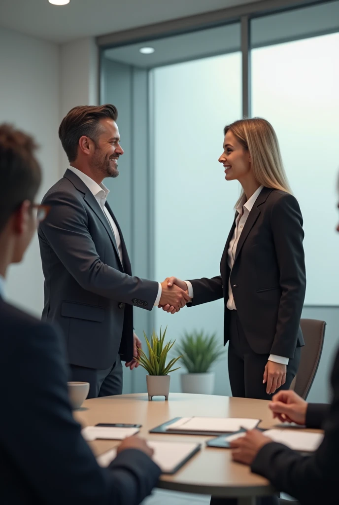The businessmen shake hands after the meeting man and woman