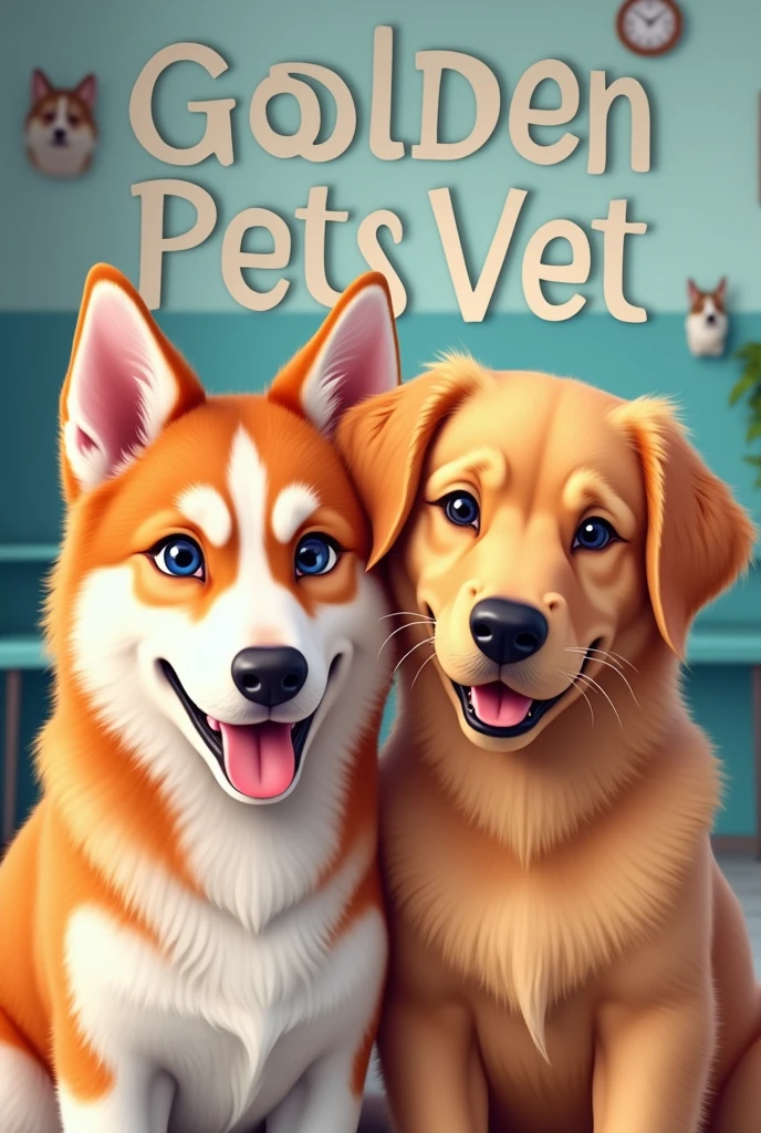 Un letrero que diga Golden Pets Vet con la cara de un golden retriever y un husky rojo
