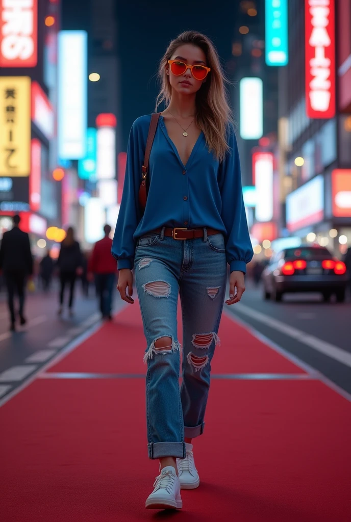 (photorealism:1.2), the beautiful model is wearing glass rayban orange sunglasses, blue blouse and scars jeans, ponytail hair, nike sneakers, walking in the streets of newyork with red carpets(low angle camera 360° camera view, billboards ligthing at nights