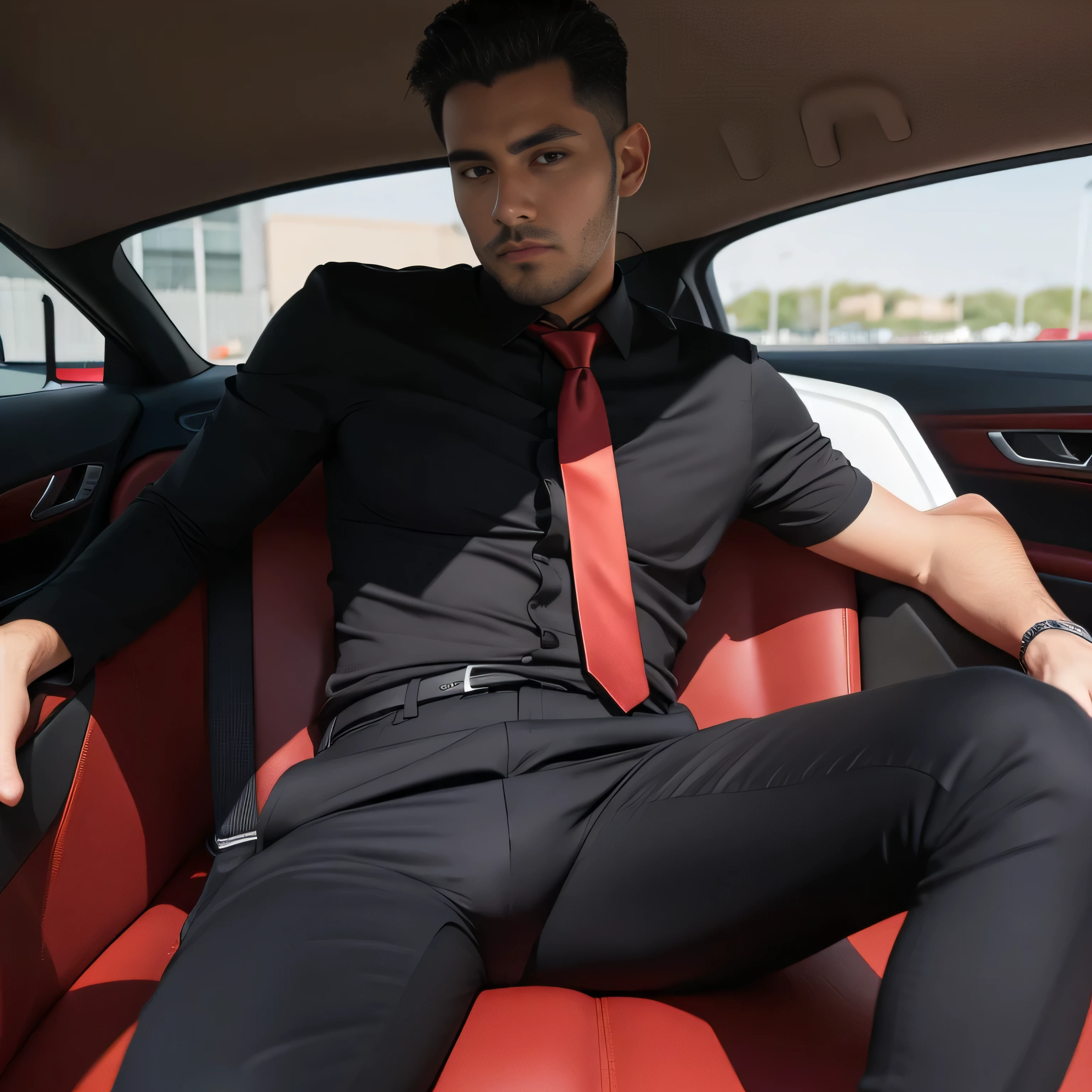 Age 27,One Man,Black Shirt、Red tie、Black slim pants、,Morning parking lot、mafia、Sitting with legs wide open、Hold a gun,logic,Gay ,Very short hair、,Stubble,Face of Spain,Handsome Dad,Bulging in the crotch area of pants Upper Body looking at the camera