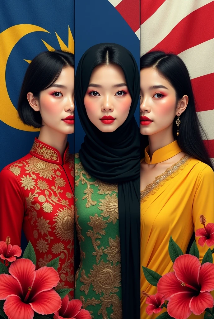 Generate three different and separate panel of three woman in different races and cloth. First panel is a chinese woman with short hair wearing an intricate cheongsam in red, second panel is a malay woman wearing black hijab and an intricate green beautiful baju kurung, the third panel is an indian girl with her skin a little toned with long hair dressed up wearing a yellow saree. A malaysia flag as the background with seven stripes of red, seven stripes of white, a crescent moon and thirteen vertex stars in yellow with blue color in the background. Some red hibiscus flowers as the decoration at below and left right corner.,Very-detailed, ultra-sharp, surrealism.