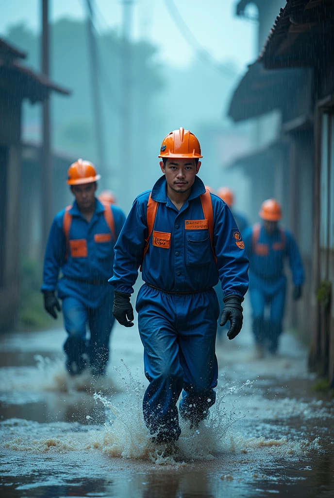 Running in the flood,Neat queue,Power grid repair,Wide-angle lens,Rural China,rainstorm,hurricane,Chaotic scenes,Blue overalls with orange embellishment,helmet,Capturing facial expressions,Flood fighting,Strong composition,City flooding,Challenge nature,China Unicom staff,Magnificent picture,Ruthless Wind,Heavy rain,Tense atmosphere,Motion capture,High contrast,Side Light,Fast shutter speed,Chaos and Order,Blue tint,Splashing water,Strength and unity。