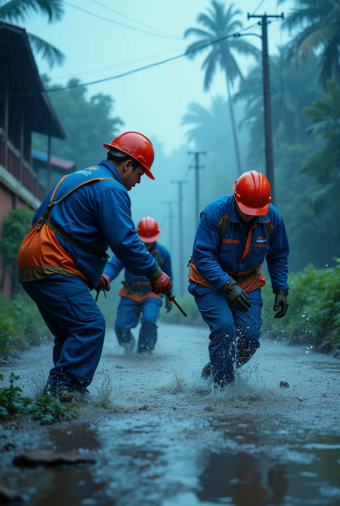 Running in the flood，Neat queue，Power grid repair，Wide-angle lens，Rural China，rainstorm，hurricane，Chaotic scenes，Blue overalls with orange embellishment，helmet，Capturing facial expressions，Flood fighting，Strong composition，City flooding，Challenge nature，China Unicom staff，Magnificent picture，Ruthless Wind，Heavy rain，Tense atmosphere，Motion capture，High contrast，Side Light，Fast shutter speed，Chaos and Order，Blue tint，Splashing water，Strength and unity。
