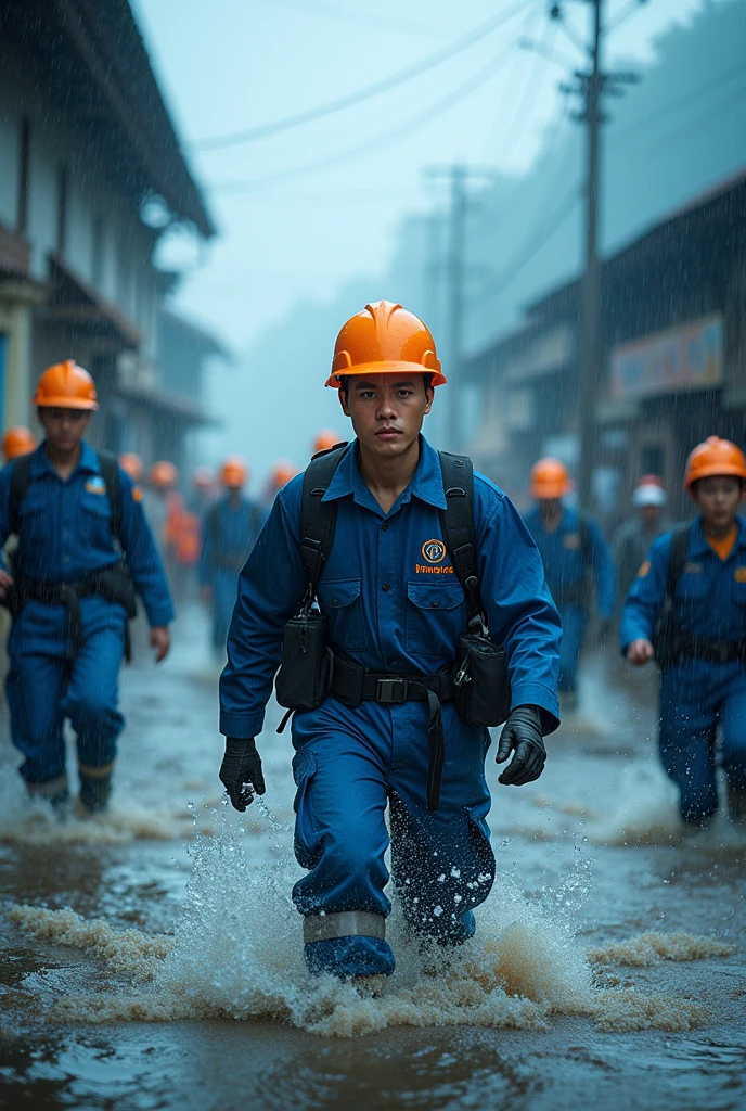 Running in the flood,Neat queue,Power grid repair,Wide-angle lens,Rural China,rainstorm,hurricane,Chaotic scenes,Blue overalls with orange embellishment,helmet,Capturing facial expressions,Flood fighting,Strong composition,City flooding,Challenge nature,China Unicom staff,Magnificent picture,Ruthless Wind,Heavy rain,Tense atmosphere,Motion capture,High contrast,Side Light,Fast shutter speed,Chaos and Order,Blue tint,Splashing water,Strength and unity。