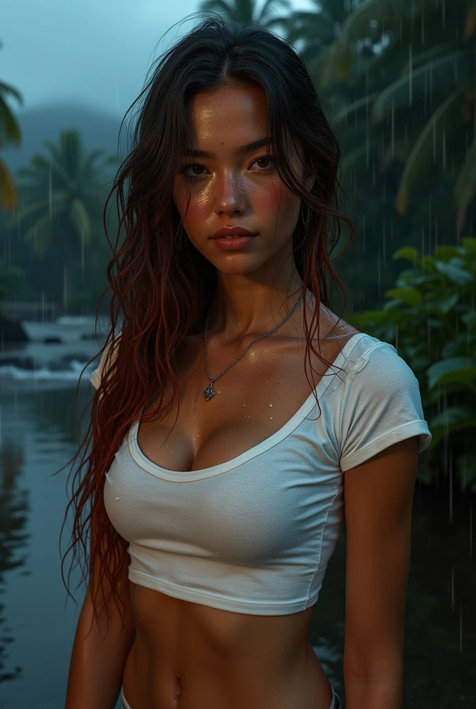 (masterpiece, photorealistic:1.4, extremely intricate:1.3), (photon mapping, radiosity, physically based rendering, ultra resolution, hyper-realistic, 8K), ((((closeup necklace, wet white t-shirt, tied, humid, [medium breasts:large breasts:0.3], abdominal muscles, pokies. smirking, aloof, Hawaiian girl)), humid, [skin detail:freckles:0.7], natural, 19 year age supermodel, [dark hair:red hair:0.7]), dark room, ((outside, outdoors, Hawaiian palm trees, raining, rain, dim, dark sky, windy, wet hair, faraway waterfall)))
