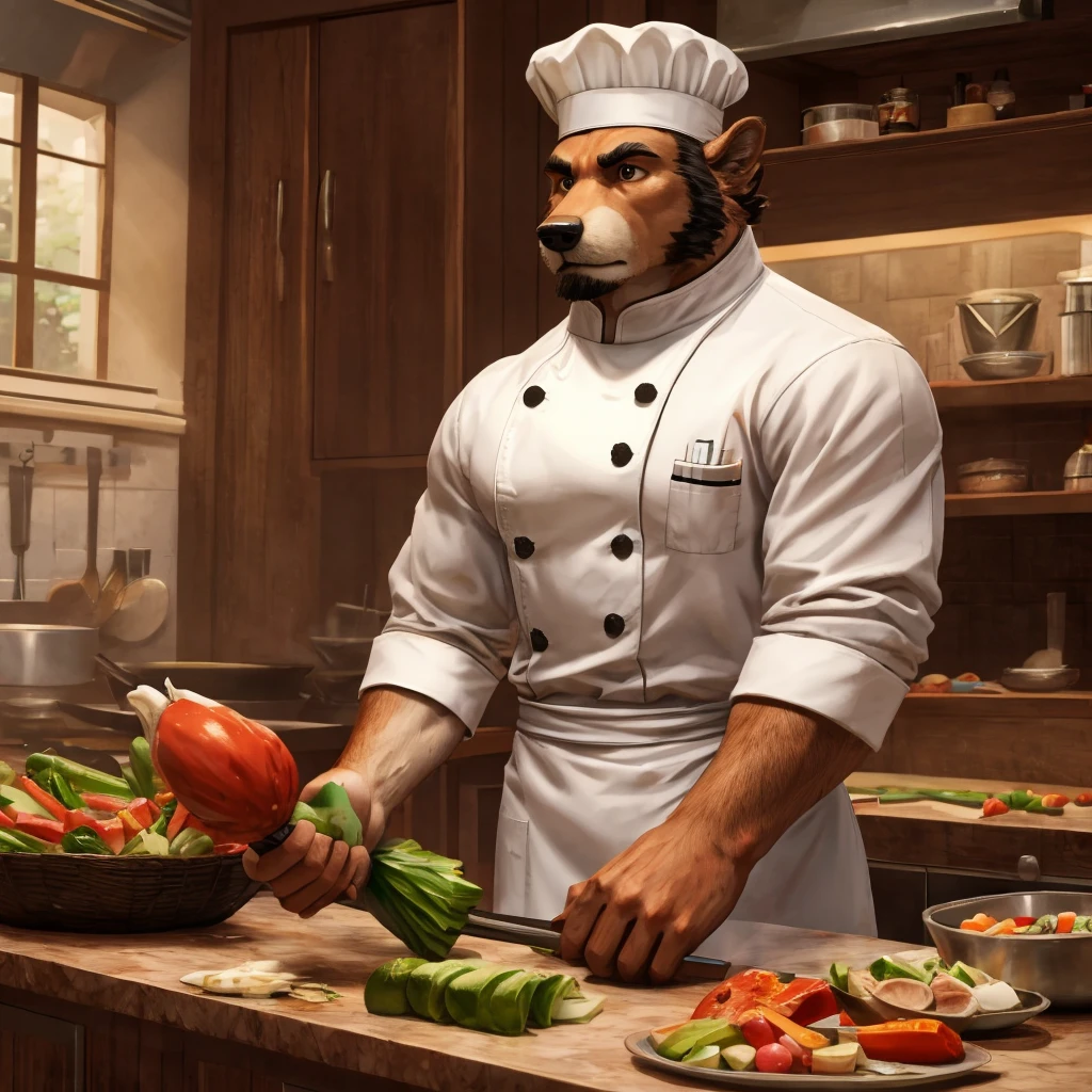 muscular, Serious looking chef in the kitchen, dressed as a chef, Chopping vegetables with great concentration, (Best quality,4K,8 k,High accuracy,Masterpiece:1.2),Very detailed,Professional chef, Chef's uniform, complex knife work, Steam rising from hot cooking pots, Stainless steel kitchen appliances, Warm lighting, rich colors, Cinematic angles wolf cooking