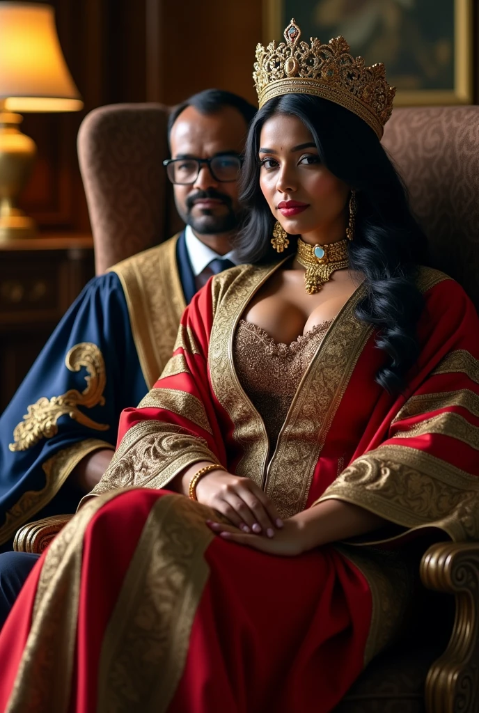 Wearing full body Academic regalia wealthy sri lankan average beautiful girl(big breasts and butt) sit in chair with sri lankan wealthy age 35 man with spec's (software,electrical,garments companies owner)