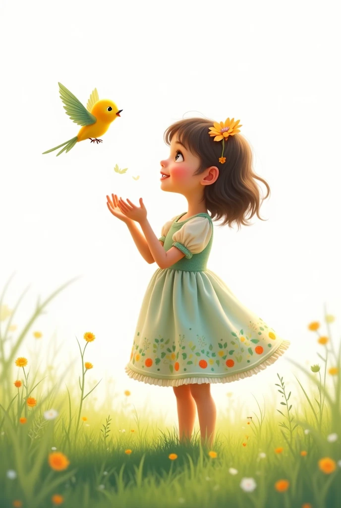 white background,best quality,cute liitle girl standing on grass,she look at the little bird,rais her hands to the little bird,cute little bird flying,cute colorful frock wearing the girl,smiling face
