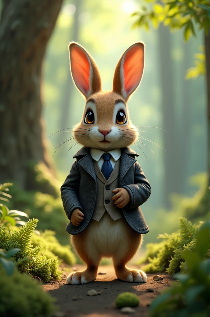 A rabbit standing a forest.
His dress is journalist 