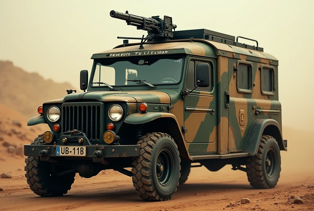 Cyberpunk Peugeot vintage car armored tuk-tuk、Shallow depth of field、(masterpiece:1.3) (最high quality:1.2) (high quality:1.1)、Cinematic Light, ((Cinema Lighting),(Natural light),(High level of artistry),(artistic),(Indistinguishable quality from the real thing),RAW Photos,Genuine,Genuine,High resolution,RAW Photos,masterpiece, beautiful,a hatch on the roof and a machine gun mounted on the roof.Heavily armed, Taliban, Armed guerrillas, Heavy Armor, Military Vehicles, Military weapons, Military equipment, truck, Camouflage,desert