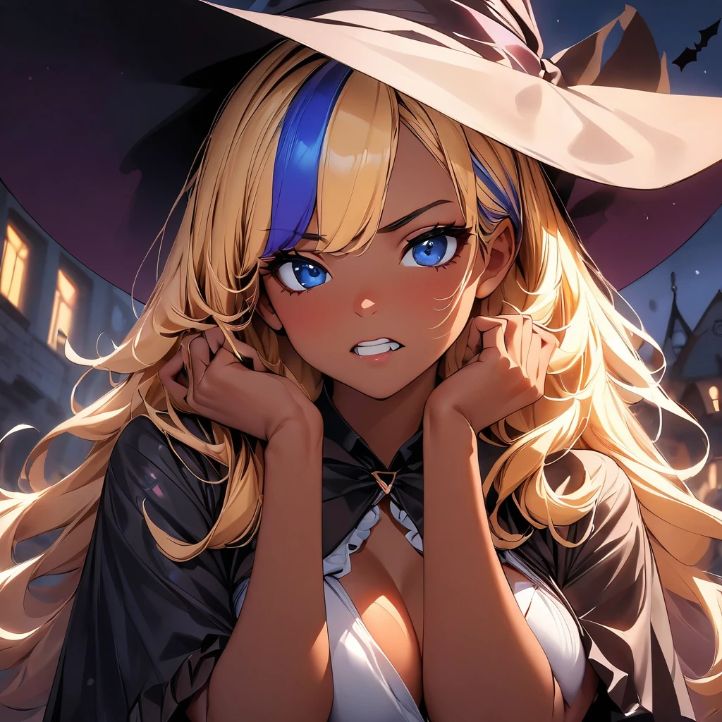 (highest quality:1.2, Very detailed, up to date, Vibrant, Ultra-high resolution, High Contrast, masterpiece:1.2, highest quality, Best aesthetics), Portraiture、girl、slim:1, Bright colors、Beautiful fine details、Beautiful lip detail、long hair, ((wavy hair:0.4))、messy hair, blonde and blue ((streaked hair:1.3)), highlights hair: 1.3, (medium breast:1), (tan skin:1.3), halloween witch costume, sexy witch, witch hat, holding magic wand, Background of a haunted house with flying bats, ghost pose, angry, clenched teeth, cowboy shot,