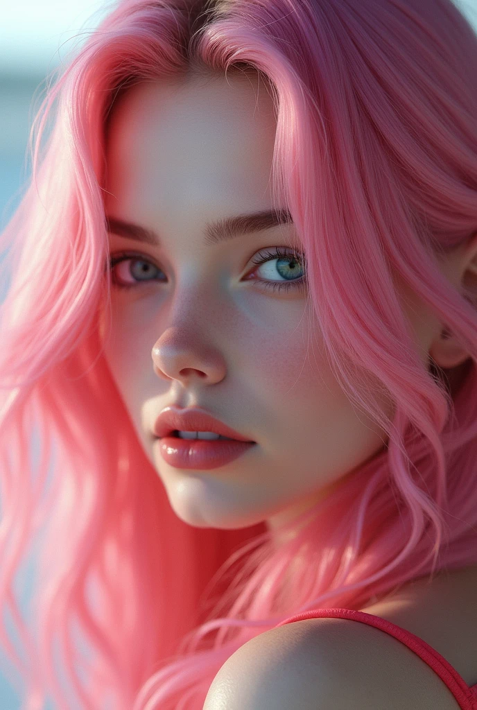 Make a hyper realistic pink haired sexy girl