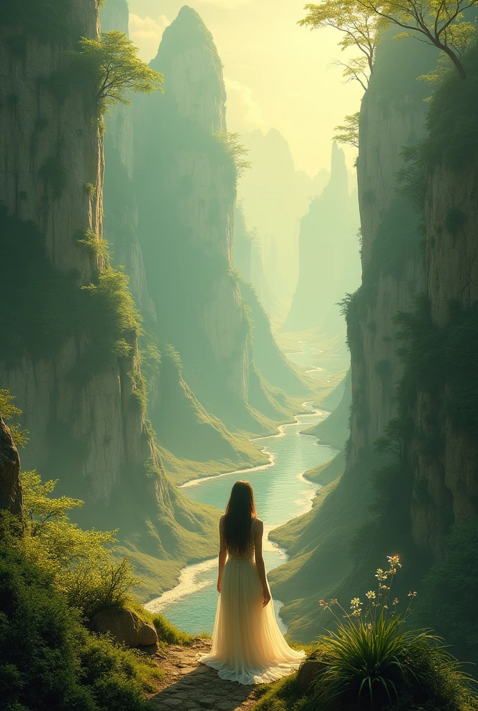 Mystical landscape with a beautiful young woman