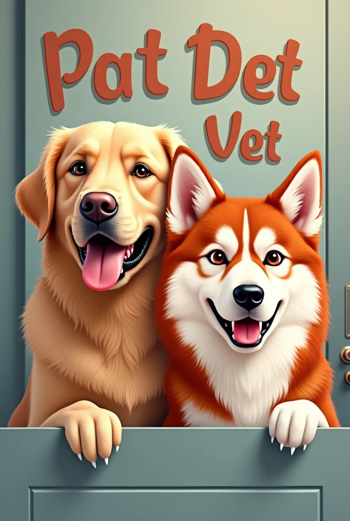 Un letrero que diga Golden Pets Vet con la cara de un golden retriever y un husky rojo