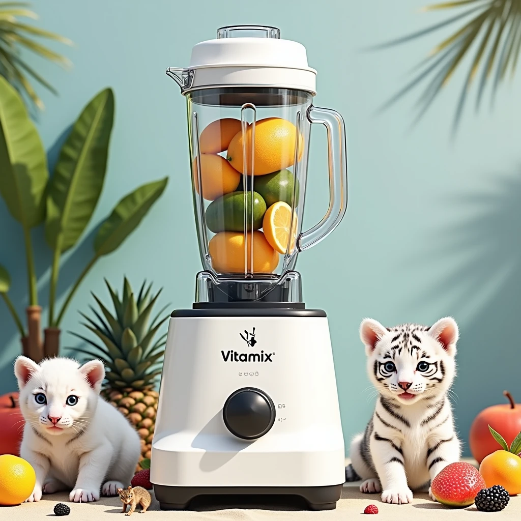 "A vibrant, sunlit beach scene featuring a fashionable and trendy juicer, blender, and a slim, vertical Vitamix mixer. The image is rendered realistically in 8K high resolution. The beach is scattered with various colorful fruits. Mini characters, including a white tiger cub, a kitten, and two baby squirrels, are playfully positioned on the sand, away from the Vitamix. The overall atmosphere is lively and captures the essence of a bright summer day, with the sleek Vitamix mixer standing out as a central element."