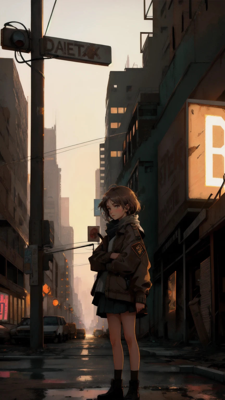 In a dystopian cityscape with a brown-toned background, a beautiful, cute girl stands under a flickering streetlight. She gazes at a weathered billboard that reads 'Permanent Temporary Fix,' surrounded by dilapidated buildings and remnants of old technology. The scene should evoke a sense of nostalgia and resilience amidst decay.