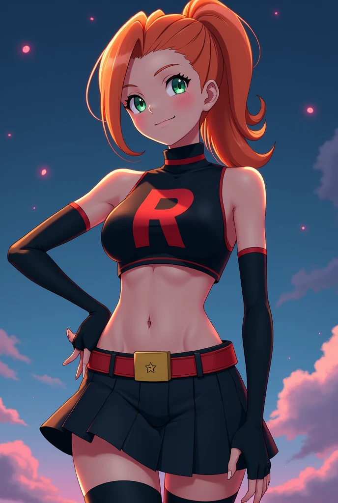 High resolution,8K, Detailed anatomy
(Misty_Pokemon)(18-year-old girl)
(,Orange Hair,one side up hair,Big green eyes,Small breasts,Skinny, girl attractive, cute smile)
(,Belly button exposed) team rocket uniform, red letter R, black skirt, black crop top,black thigh-highs,black elbow gloves, looking down on viewer, cowboy shot, posing, night sky background