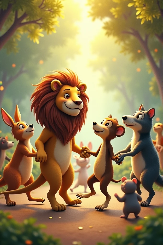 Lion kangaroo monkey dog cat wolf and rat dancing holding each other hand
