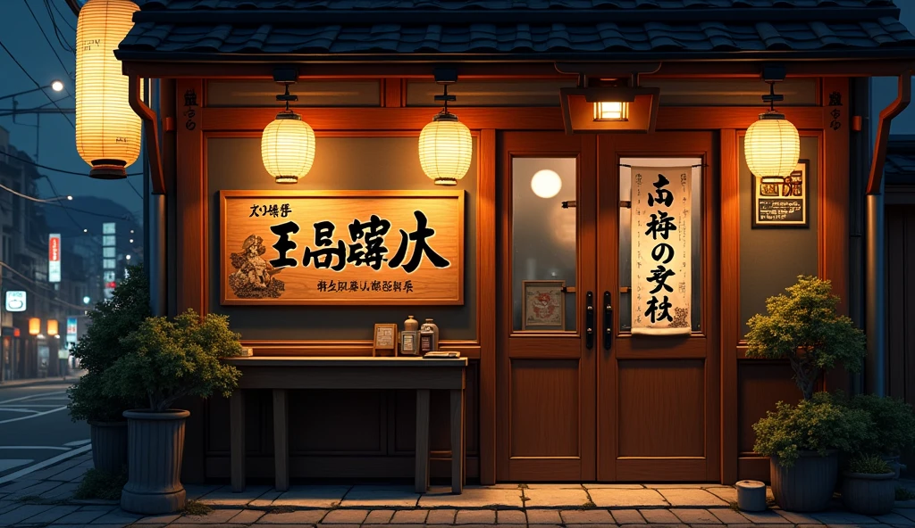 japanese horumon traditional restaurant at night, front view, medium board size on the doors