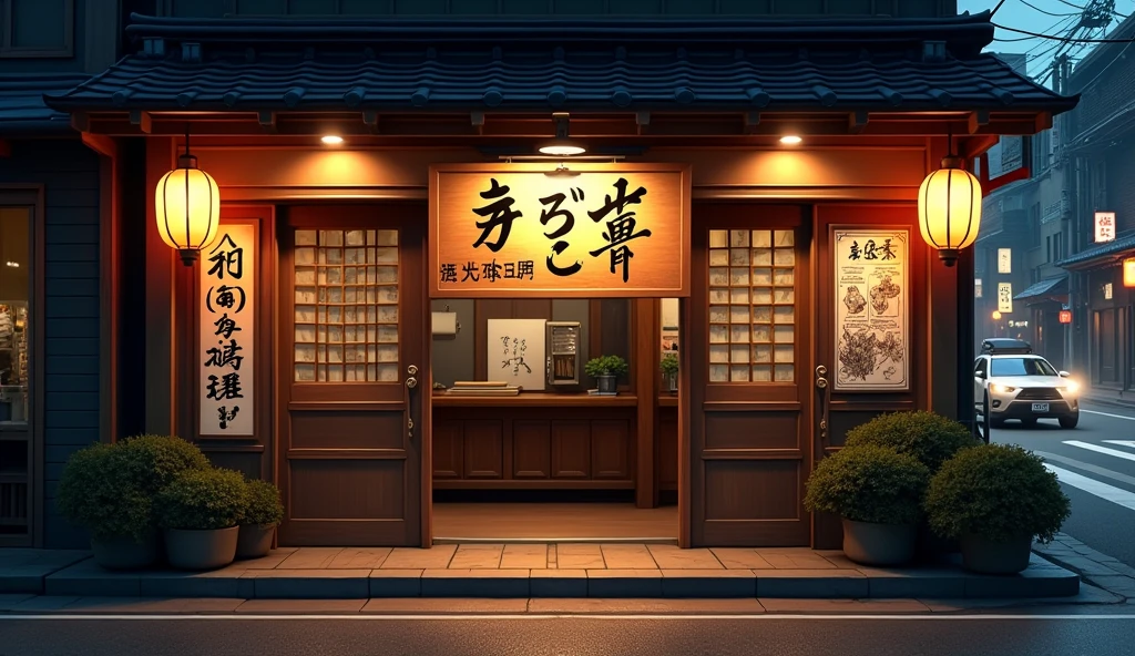 japanese horumon traditional restaurant at night, front view, medium board size on the doors