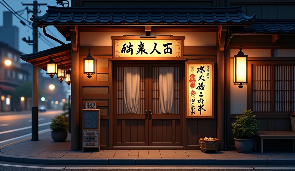 japanese horumon traditional restaurant at night, front view, medium board size on the doors