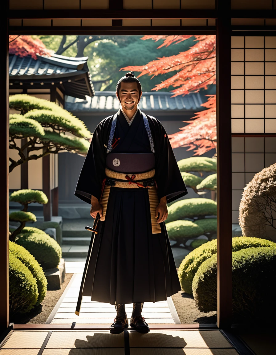 A Japanese samurai, smiling warmly, with a shadowy figure looming behind him. The scene suggests a contrast between his public image and hidden struggles. The background is a serene garden, hinting at inner turmoil despite outward success.