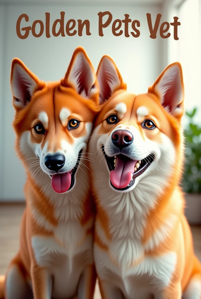 Un letrero que diga Golden Pets Vet con la cara de un golden retriever y un husky rojo