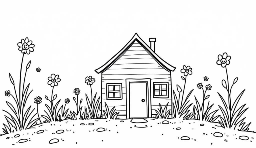 Black and white coloring book、House exterior、easy、Black and white coloring book、For 2 year olds、(Fewer lines)、Simple house、Simple、Flowers Bloomed