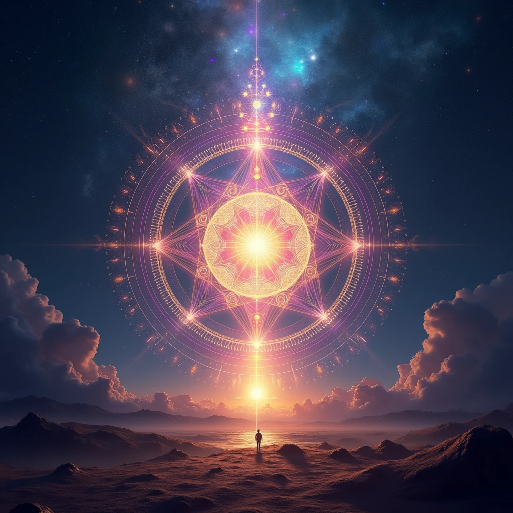 Visualize an Arcturian gateway to higher dimensions, formed from interlocking sacred geometry symbols such as Metatron’s Cube, the Flower of Life, and the Sri Yantra. The gateway is situated in a cosmic landscape, surrounded by swirling nebulae and distant galaxies. The portal shimmers with vibrant, iridescent colors, inviting the viewer to step through and ascend to a higher state of consciousness.