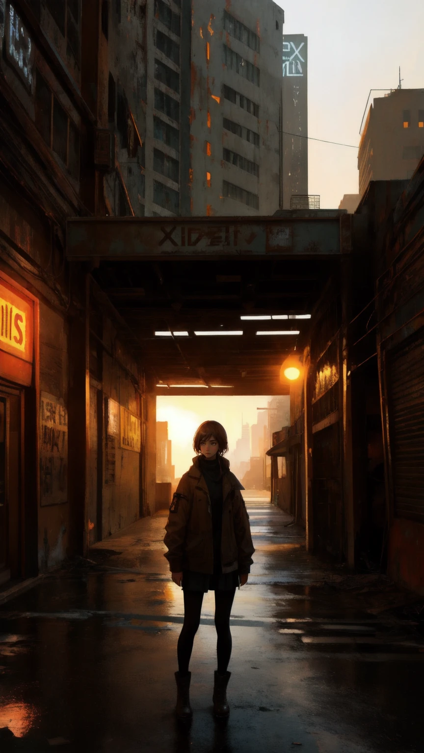 Design a scene in a dystopian urban environment with a brown-toned background. A beautiful, cute girl stands in front of an old, rusted sign that reads 'Permanent Temporary Fix,' reflecting a sense of confusion and contemplation. The surroundings should include crumbling walls, flickering lights, and decaying technology, symbolizing the contradiction of seeking permanence in a decaying world.