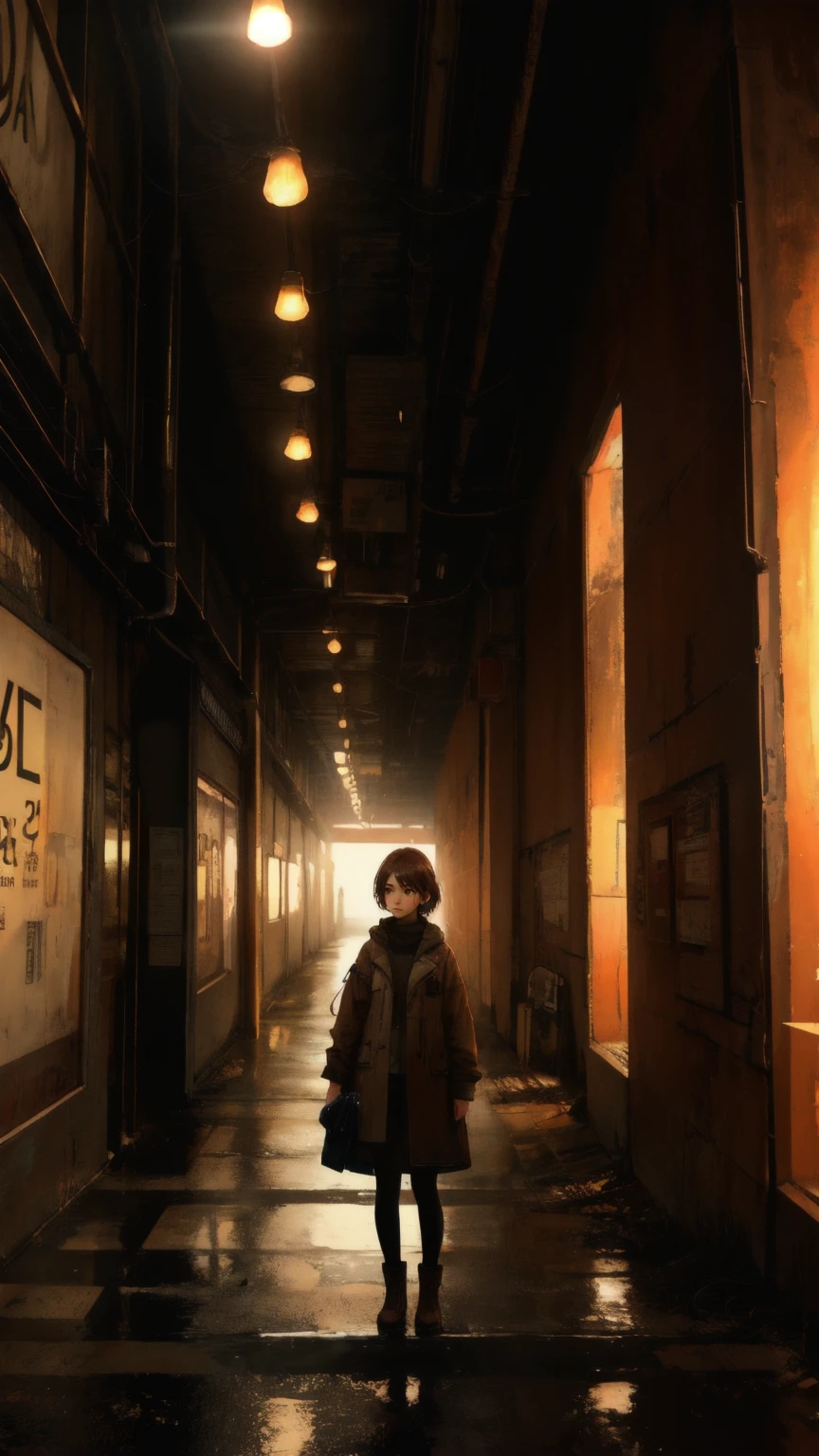 Design a scene in a dystopian urban environment with a brown-toned background. A beautiful, cute girl stands in front of an old, rusted sign that reads 'Permanent Temporary Fix,' reflecting a sense of confusion and contemplation. The surroundings should include crumbling walls, flickering lights, and decaying technology, symbolizing the contradiction of seeking permanence in a decaying world.