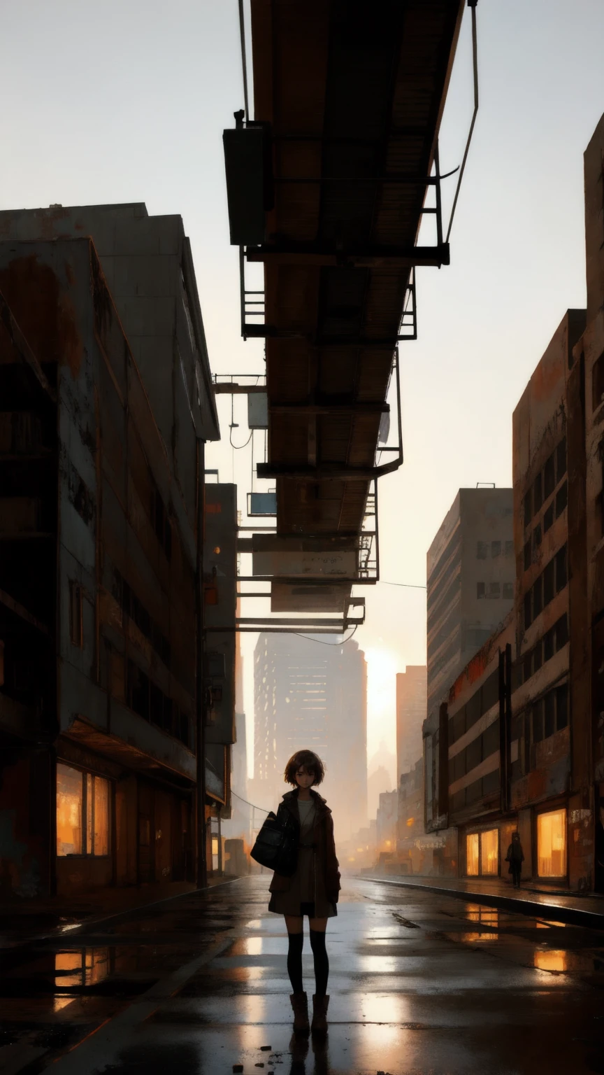 Design a scene in a dystopian urban environment with a brown-toned background. A beautiful, cute girl stands in front of an old, rusted sign that reads 'Permanent Temporary Fix,' reflecting a sense of confusion and contemplation. The surroundings should include crumbling walls, flickering lights, and decaying technology, symbolizing the contradiction of seeking permanence in a decaying world.