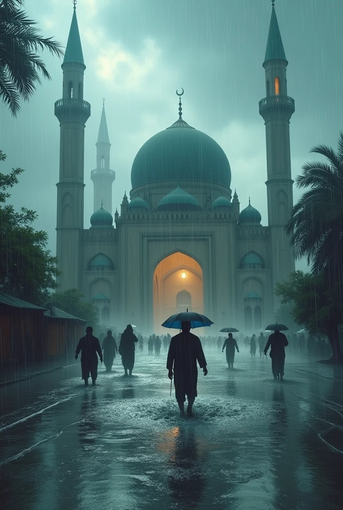 Masjid with terrible flood and people (Man) going masjid in rain and some umbrella and white weather