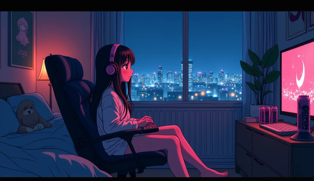 Perfect image, 8k, Sit in a gaming chair、A high school girl playing a rhythm game in her dimly lit room、long hair、 Loungewear、Using headphones, 2D-style animation, Lo-Fi、night、Energy Drinks、Retro、Anime style illustrations、looks fun、City view outside the window
