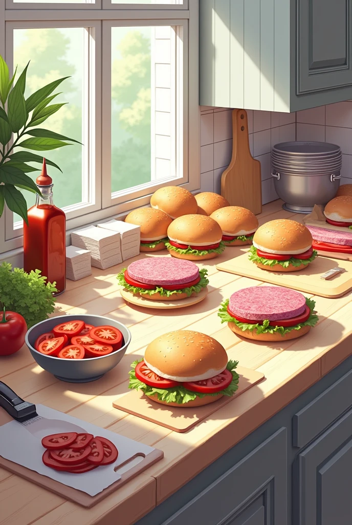 Counter with ingredients to prepare hamburgers