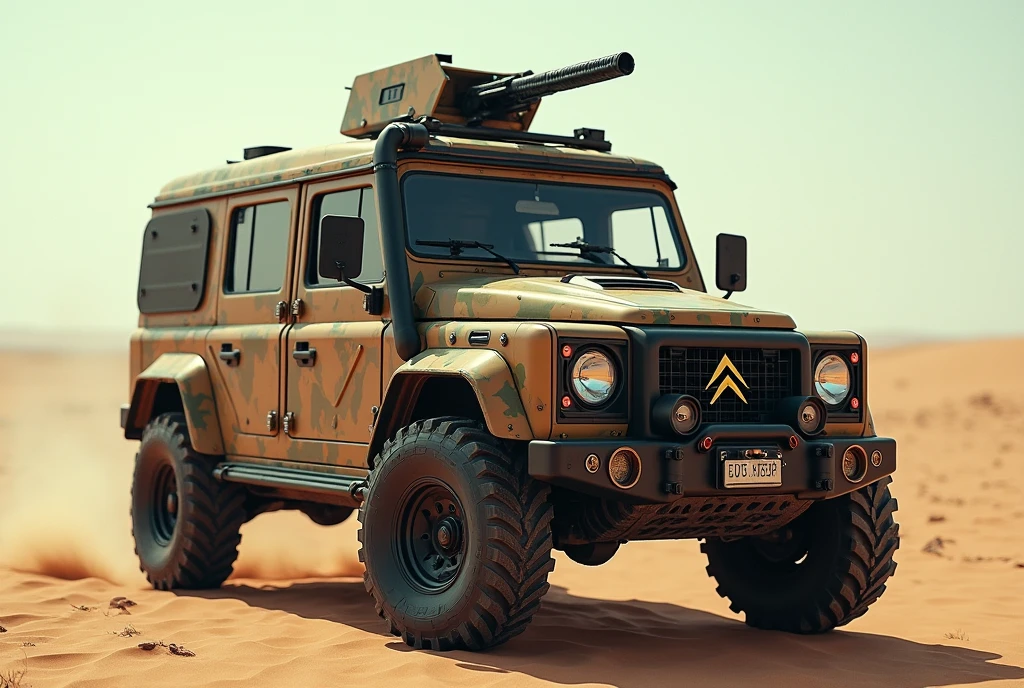 Cyberpunk Citroen's 1990s Armored Tuk-Tuk、Shallow depth of field、(masterpiece:1.3) (最high quality:1.2) (high quality:1.1)、Cinematic Light, ((Cinema Lighting),(Natural light),(High level of artistry),(artistic),(Indistinguishable quality from the real thing),RAW Photos,Genuine,Genuine,High resolution,RAW Photos,masterpiece, beautiful,a hatch on the roof and a machine gun mounted on the roof.Heavily armed, Taliban, Armed guerrillas, Heavy Armor, Military Vehicles, Military weapons, Military equipment, truck, Camouflage,desert