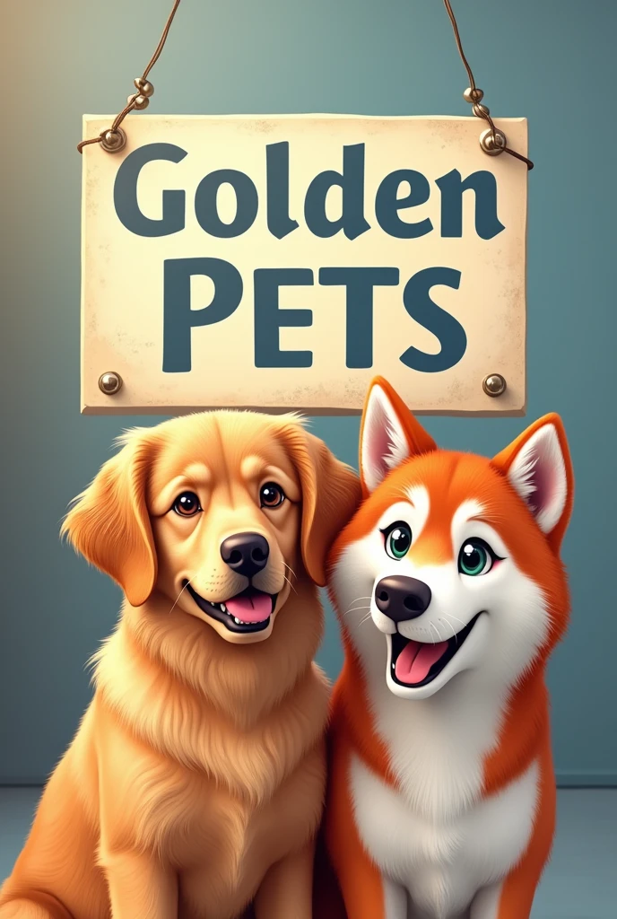 Un letrero que diga Golden Pets Vet con la cara de un golden retriever y un husky rojo