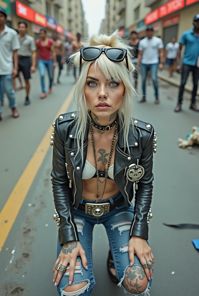Anglosaxon old milf woman, , blonde platinum hair (beehive bun, black parsley headband), with very light green eyes, extremely pale. .Wearing oversized square black maxisunglasses Wearing studded cropped black moto jacket (verical zippers on the sides,skull badges on sleeves). Black lace push up bra, dark blueskinny, tight low rise jeans (holes in knees). Silver Chelsea boots with cuban heels. Lots of thick wide studded bracelets, chain collars and big rings. Tacky wide studded leather belt, with big skull and bones round buckle. Long earrings with chains. Squatting on a large torm, dirty usa flag, looking at the photographer. Craving heavily. Hands on knees. Waste and trash all over the floor. Her studded leather bag, thron away. Looking at the camera, chin up. Toned abdominals, thin neck, slim legs and thin arms. Neck, chest, belly, hands and arms completely tattoed. Dirt road of Nairobi after the rain, crowded with muscular shirtless men in jeans, street full of puddles and garbage. Her studded black leather bag is a few metres behind her
