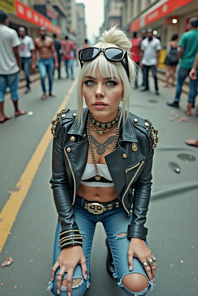 Anglosaxon old milf woman, , blonde platinum hair (beehive bun, black parsley headband), with very light green eyes, extremely pale. .Wearing oversized square black maxisunglasses Wearing studded cropped black moto jacket (verical zippers on the sides,skull badges on sleeves). Black lace push up bra, dark blueskinny, tight low rise jeans (holes in knees). Silver Chelsea boots with cuban heels. Lots of thick wide studded bracelets, chain collars and big rings. Tacky wide studded leather belt, with big skull and bones round buckle. Long earrings with chains. Squatting on a large torm, dirty usa flag, looking at the photographer. Craving heavily. Hands on knees. Waste and trash all over the floor. Her studded leather bag, thron away. Looking at the camera, chin up. Toned abdominals, thin neck, slim legs and thin arms. Neck, chest, belly, hands and arms completely tattoed. Dirt road of Nairobi after the rain, crowded with muscular shirtless men in jeans, street full of puddles and garbage. Her studded black leather bag is a few metres behind her