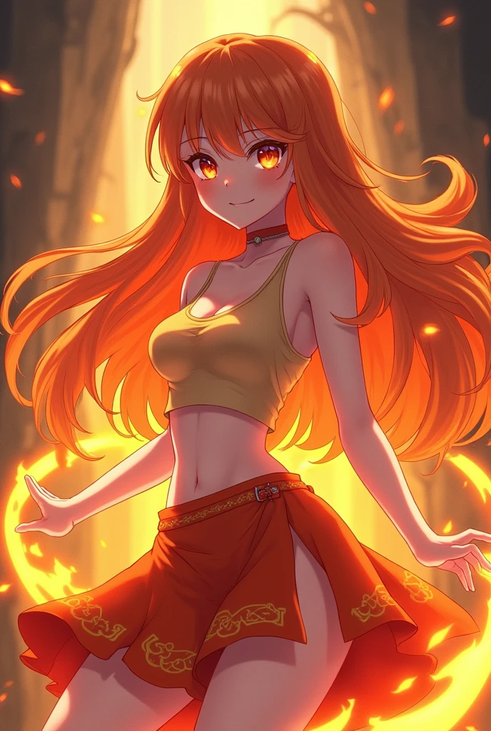 Anime adulte woman, anime style, red hair, orange eyes, beautiful, naked, without clothes, no bra, no pantie, fire cover her body and legs, fire hides breasts, fire hides genital, (with fire phoenix wings), fire background, fire all around the woman, body recovers of flames, phoenix in the background, camera angle between the fire and the woman
