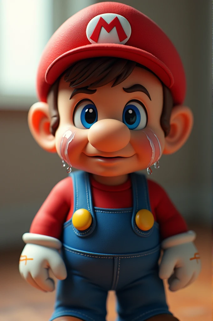 Red and blue 4-year-old Mario Cry 3D, realistic full body photo, head to the right above