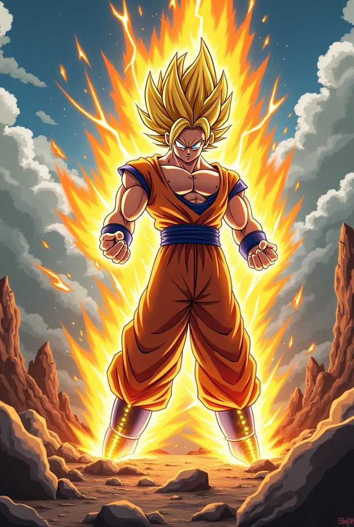 Create an action-packed illustration inspired by Dragon Ball Z, featuring a powerful Saiyan character in the midst of an intense battle. The character should be surrounded by a glowing aura of energy, with their hair spiked up in Super Saiyan form, and their muscles tensed as they prepare to unleash a devastating attack. The background should depict a dramatic, rocky landscape with craters and debris flying from the force of their power. Incorporate dynamic FX elements like crackling lightning, energy blasts, and shockwaves to capture the iconic style and intensity of Dragon Ball Z. The scene should be vibrant, with bold colors and exaggerated expressions, staying true to the anime's distinct, high-energy aesthetic