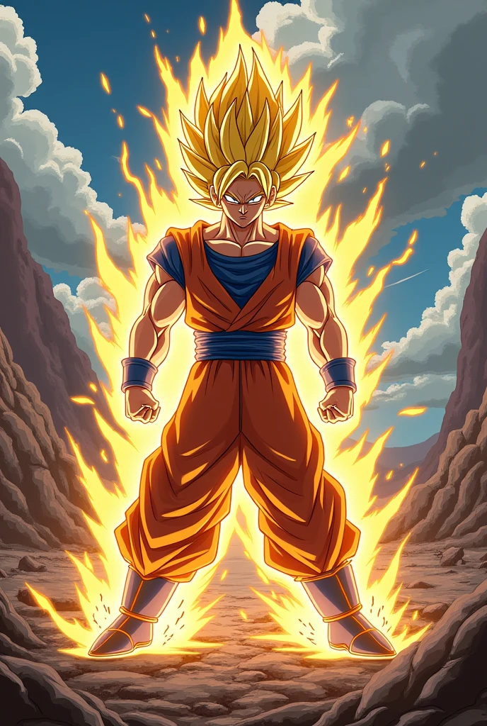 Create an action-packed illustration inspired by Dragon Ball Z, featuring a powerful Saiyan character in the midst of an intense battle. The character should be surrounded by a glowing aura of energy, with their hair spiked up in Super Saiyan form, and their muscles tensed as they prepare to unleash a devastating attack. The background should depict a dramatic, rocky landscape with craters and debris flying from the force of their power. Incorporate dynamic FX elements like crackling lightning, energy blasts, and shockwaves to capture the iconic style and intensity of Dragon Ball Z. The scene should be vibrant, with bold colors and exaggerated expressions, staying true to the anime's distinct, high-energy aesthetic