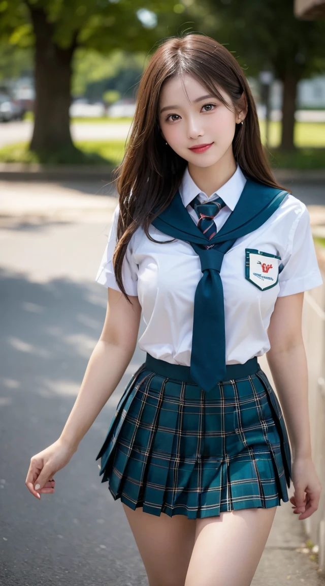 ​highest quality、8k、best image quality、Award-winning work), two beautiful women、1 lady, radiant beautiful skin , masterpiece、top-quality、The ultra -The high-definition、depth of fields、lens flare ,、brown hair, large breasts, watching at viewers glares, large breasts ,perfect legs, model pose, view from below, smiling , cleavage, show breasts, show nipples
(School uniform,  , teal micro mini Pleated tartan skirt:1.3)